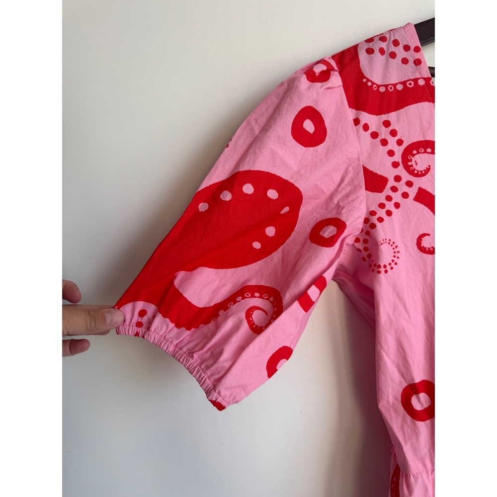 Maude Vivante Pink Red Octopus Molly Cotton Tiered Mini Dress XL‎ Fit Flare Puff - Picture 4 of 10